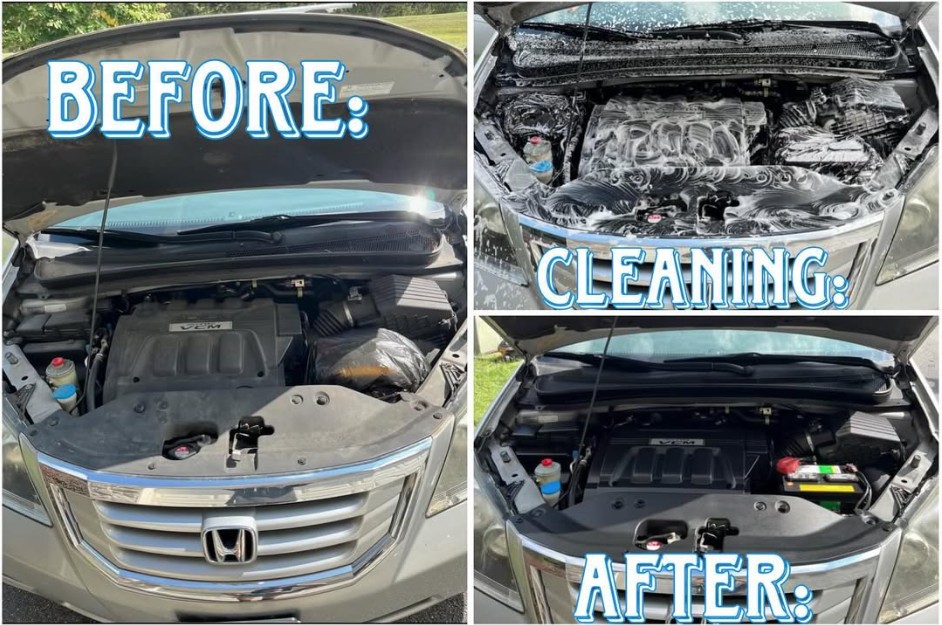 Engine bay detailing before, cleaning, and after